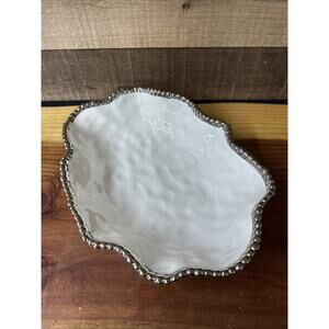 Balvery White Serving Bowl Silver Beaded Trim 12x9